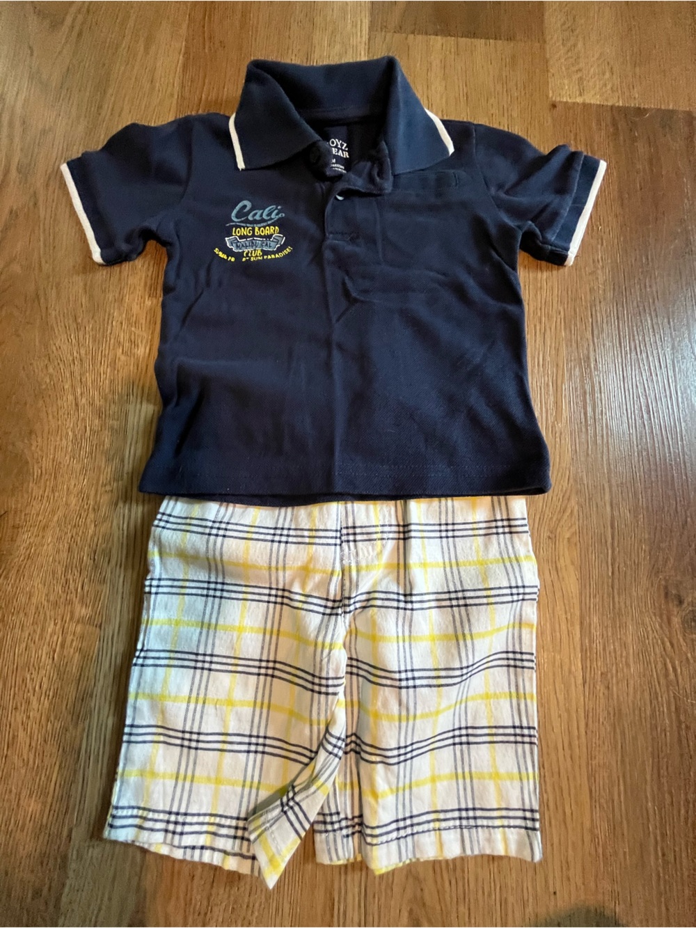 Boys Wear Navy Polo and Yellow Plaid Shirts Outfit, 24 months, Toddler